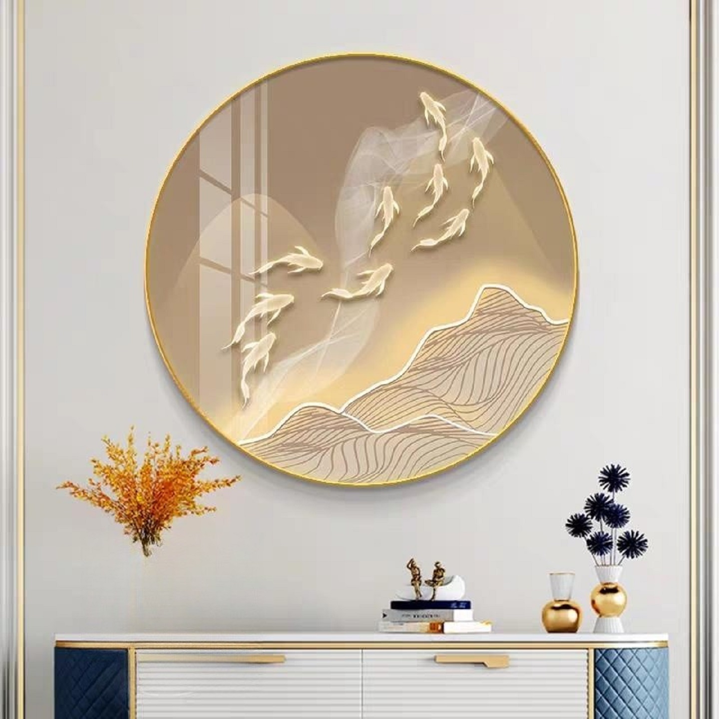 现代轻奢九鱼图玄关装饰画客厅餐厅背景墙挂画入户门走廊圆形壁画图片