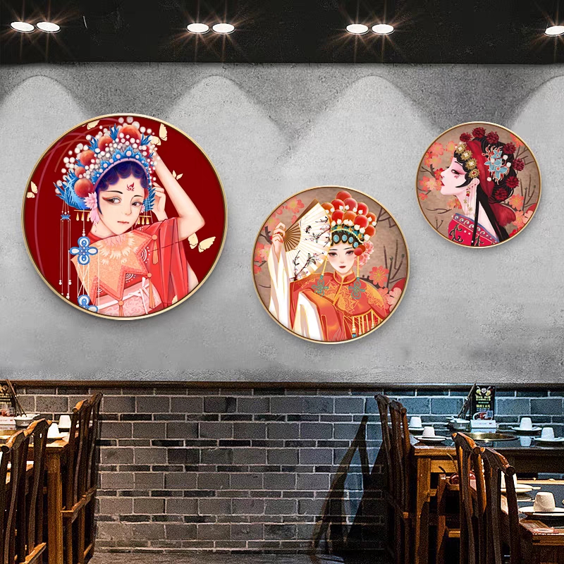 中国风京剧挂画花旦装饰画国潮圆形川菜餐馆火锅烧烤饭店墙面壁画图片