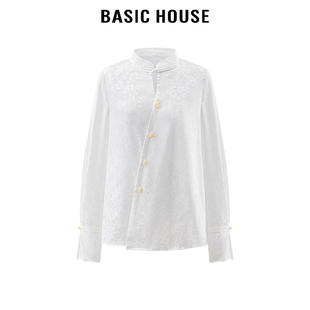 立领盘扣珠珠扣提花长袖 百家好 House白色设计感中式 女 Basic 衬衫