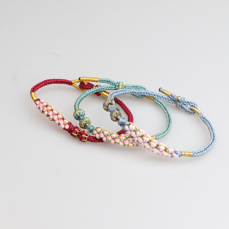 成品diy可穿珠手绳手工编织桃花编绳男可串黄金配珠女款红绳手链