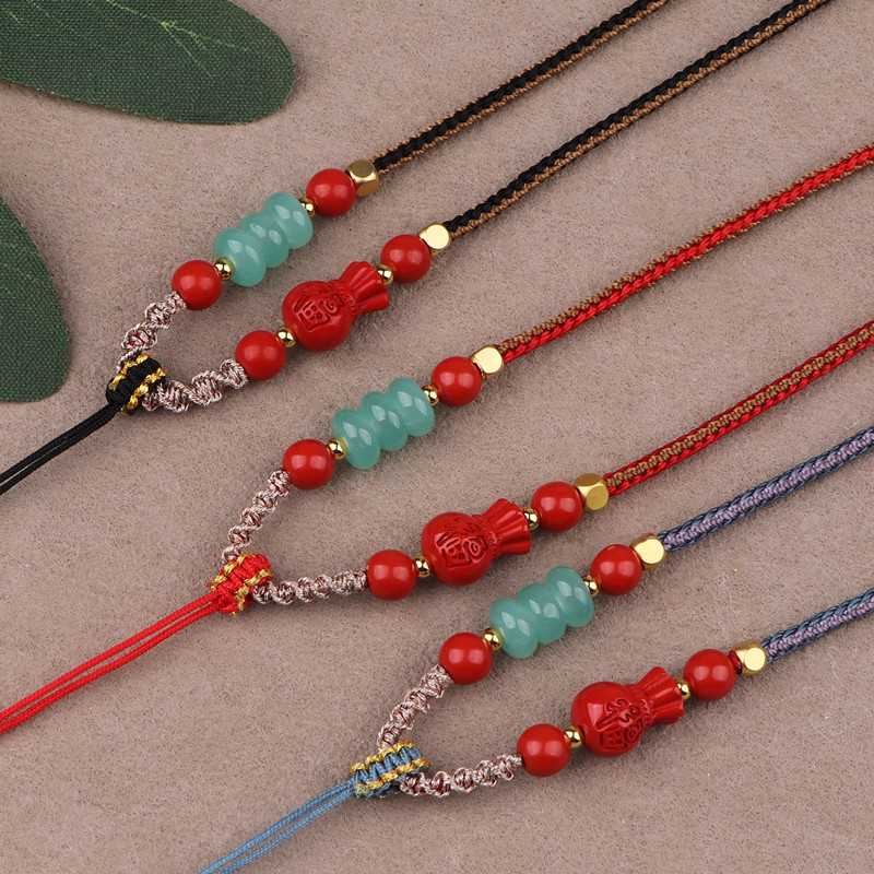 高档玉佛平安扣编织锁骨绳手工编织翡翠朱砂福袋项链绳玉坠挂绳