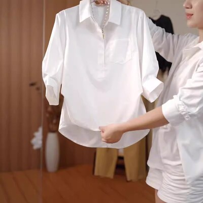 大码设计感2026白色短袖衬衫女早春新款胖MM显瘦休闲百搭翻领上衣