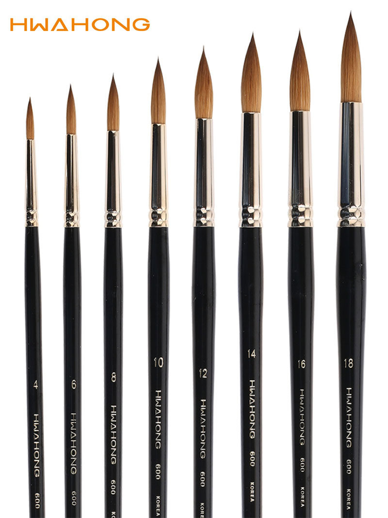韩国hwahong华虹600科斯基貂毛圆头水彩画笔勾线油画笔长杆