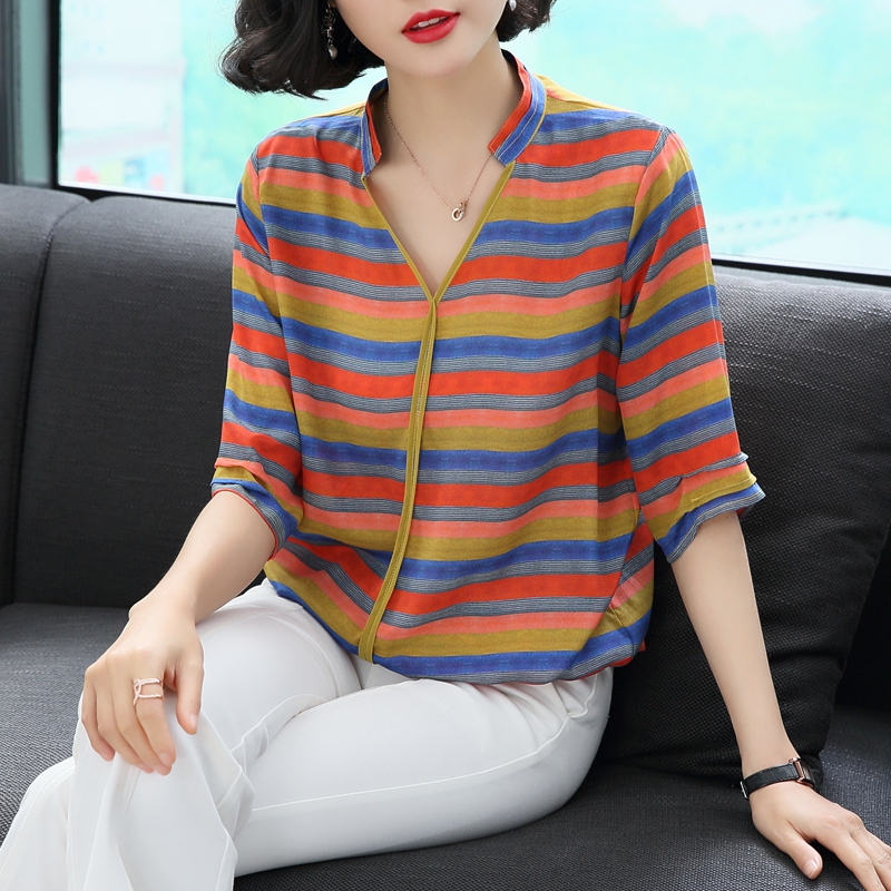 真絲上衣女2018新款短袖夏季女裝歐美時尚寬松條紋氣質桑蠶絲襯衫