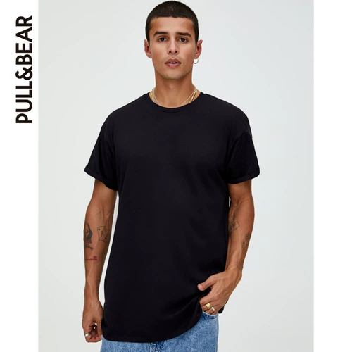 Pull & Bear Basic Cotton's Men's Short -Sleeed T -Fork Black Spring и летние новые продукты 09230572800