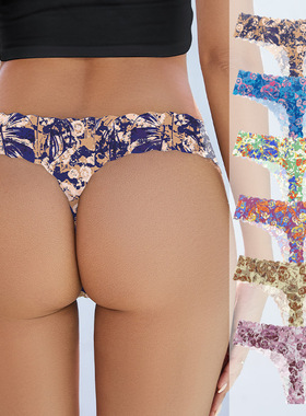 欧美波浪边印花冰丝透气丁字裤女低腰无痕内裤健身瑜伽性感T裤