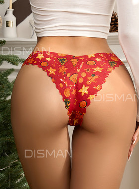 圣诞印花波浪边深V半包臀丁字裤女低腰无痕薄款冰丝性感三角裤