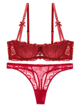 性感本命年红色内衣藤蔓提花蕾丝小胸聚拢半杯文胸丁字裤套装薄款