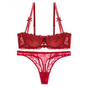 性感本命年红色内衣藤蔓提花蕾丝小胸聚拢半杯文胸丁字裤套装薄款