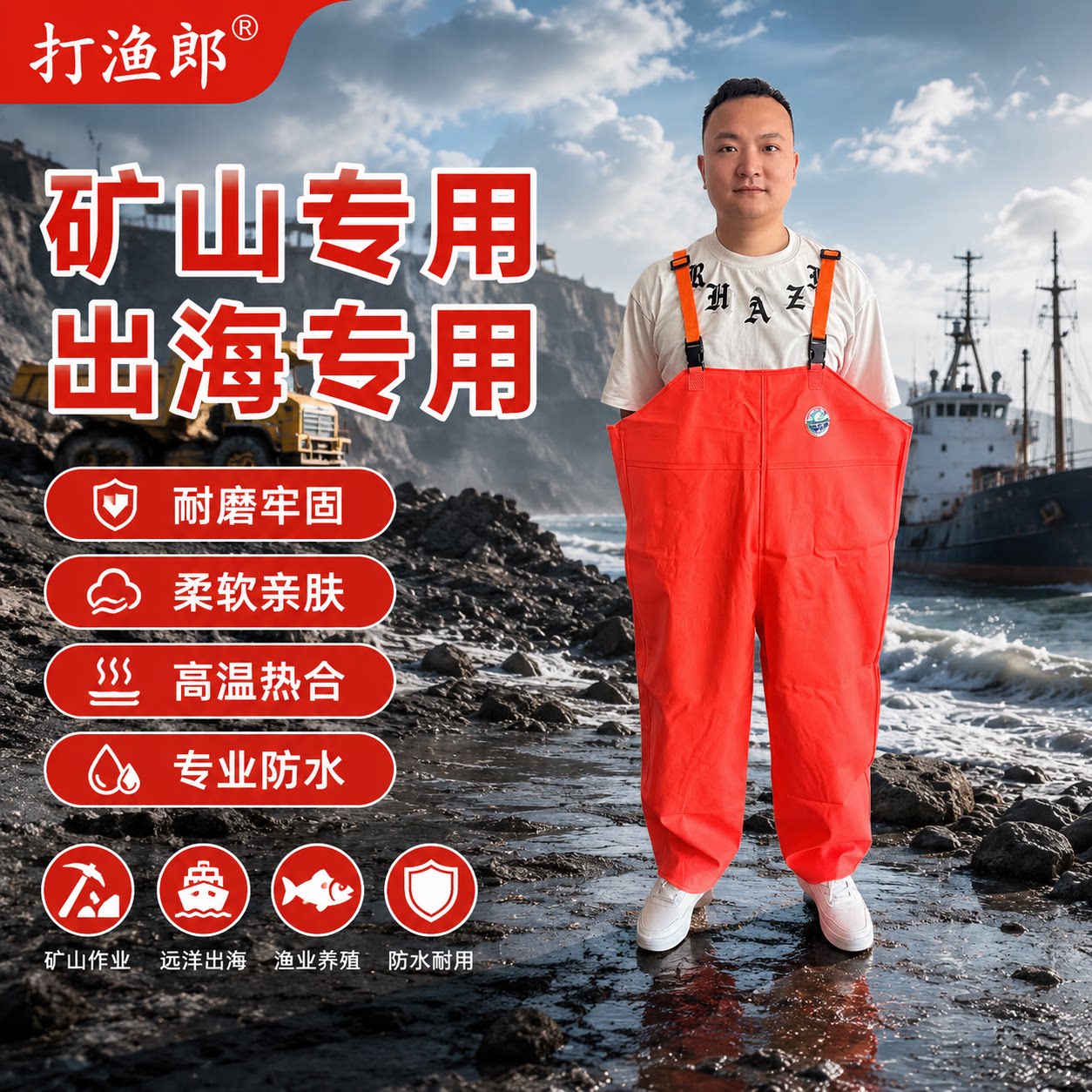 打渔郎雨裤防水分体养殖水产渔民矿工出海养殖防脏背带裤耐磨加厚