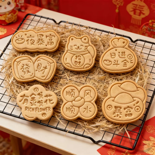 2026新年祝福文字卡通曲奇烘焙饼干模具暴富日进斗金烘焙印模工具