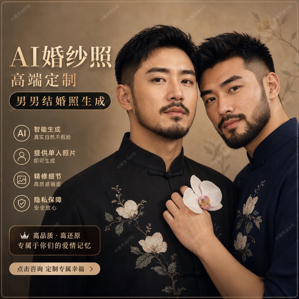 AI婚纱照定制合成制作男男结婚样图/效果图销售