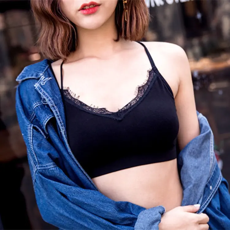 欧洲站交叉细带美背内衣女带加厚胸垫睫毛裹胸打底背心防走光抹胸