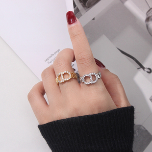 欧美小众设计感字母CD戒指开口可调节食指指环超闪锆石戒子女士潮