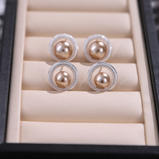 独特香槟色珍珠耳钉银针小众高级感圆环镂空耳饰简约气质通勤耳环