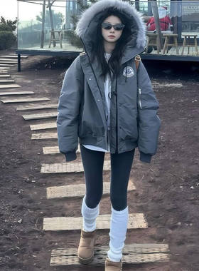 黑色毛领羽绒棉服外套女冬季2025新款加厚棉袄保暖棉衣工装派克服