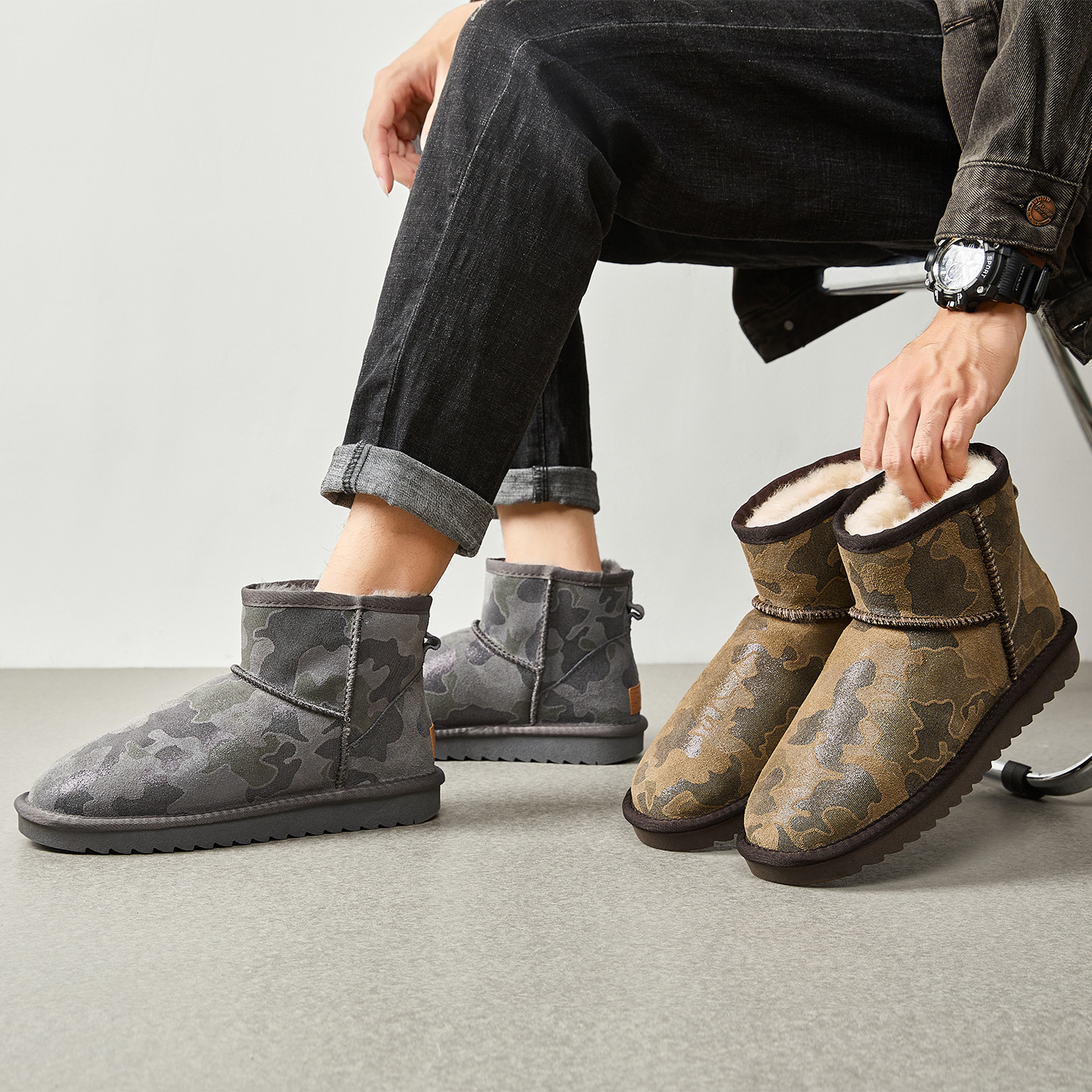 防水真牛皮男士雪地靴冬季加绒加厚保暖东北棉鞋大码迷彩短靴子