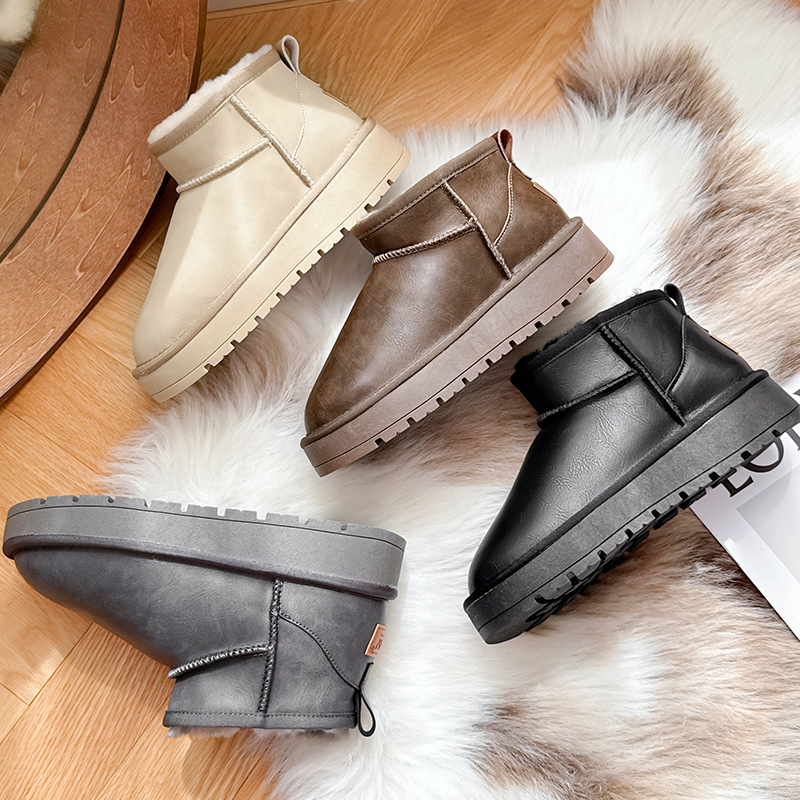 2025新防水真牛皮毛一体雪地靴女冬季加绒加厚棉鞋厚底增高短