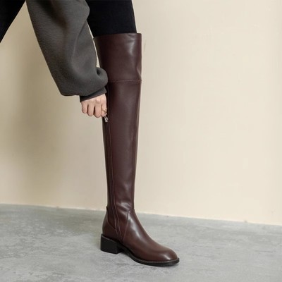 鞋时光棕色过膝长筒靴女大筒围
