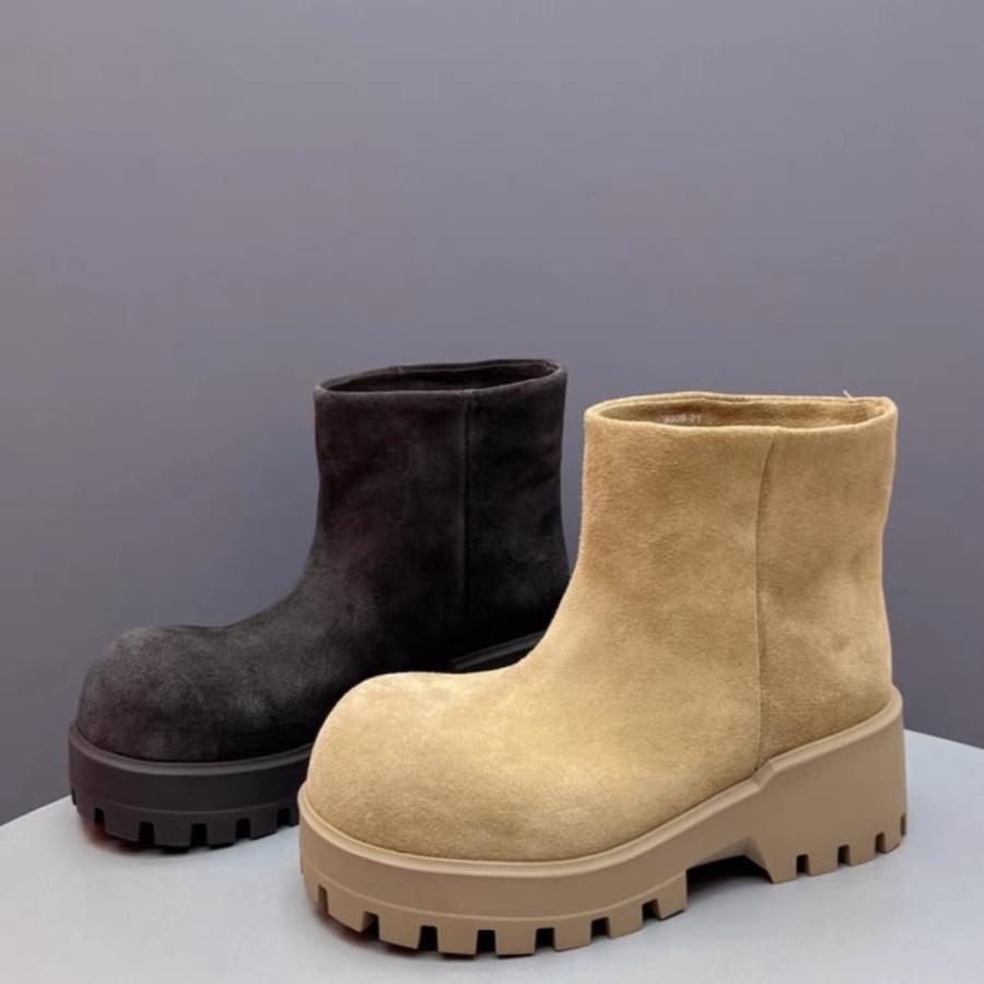 2025年秋季新款女靴磨砂真皮大头粗跟厚底一脚蹬切尔西马丁靴潮