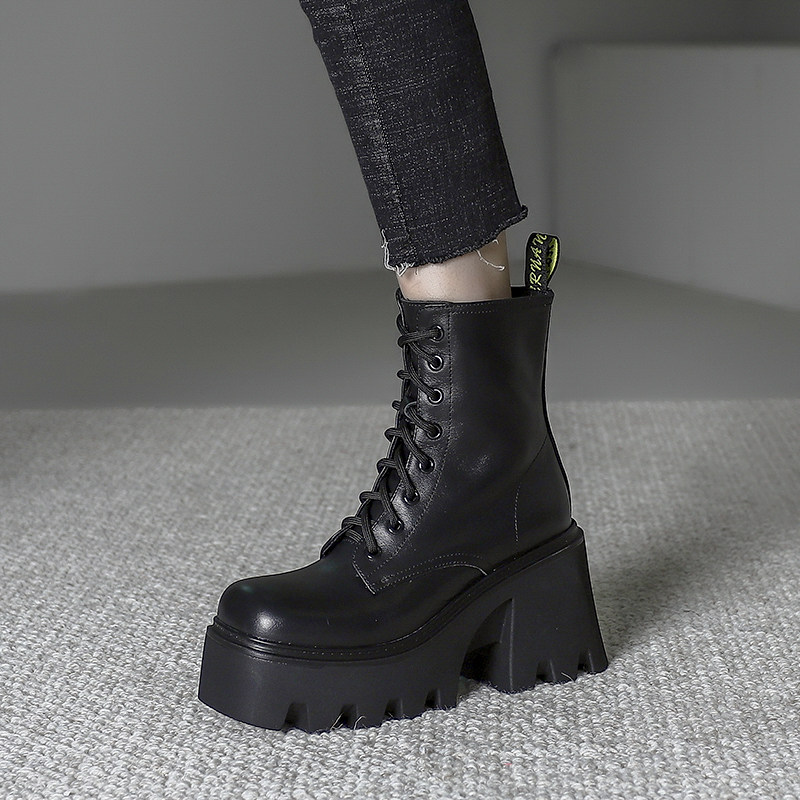 2023春秋新款马丁靴女厚底增高短靴单靴英伦风粗跟高跟方头显脚小