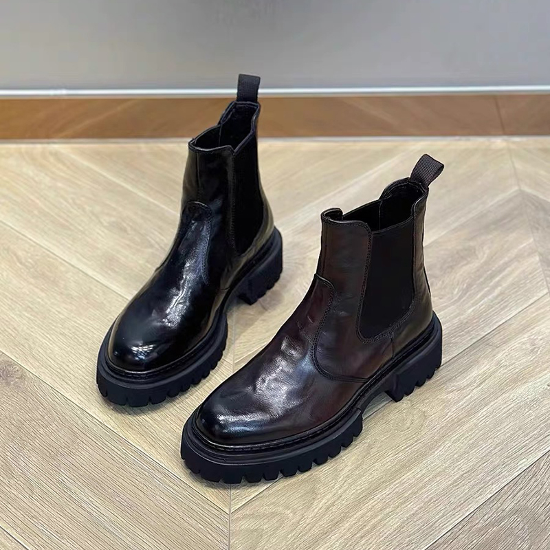 鞋时光粗跟马丁靴女复古擦色