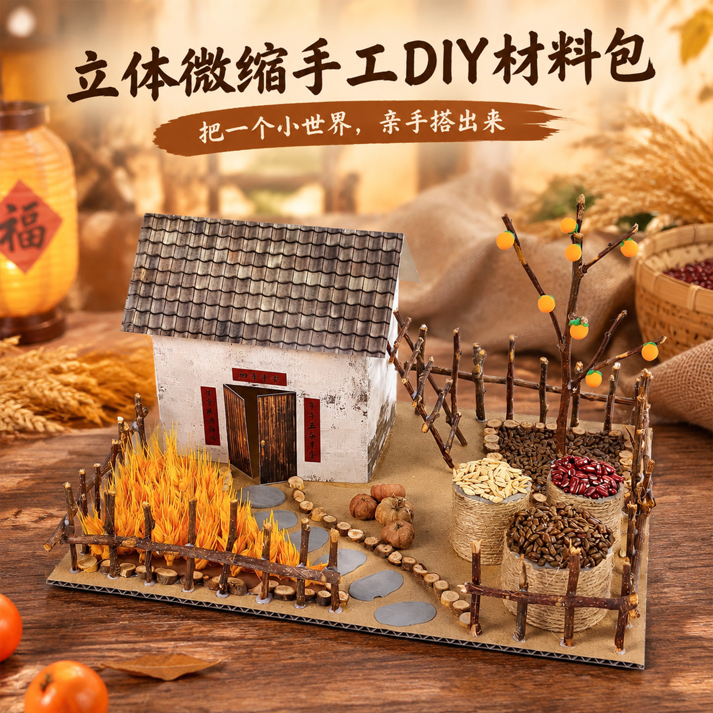 DIY手工小屋材料包立体微缩田园风光DIY拼装模型儿童玩具五谷丰收
