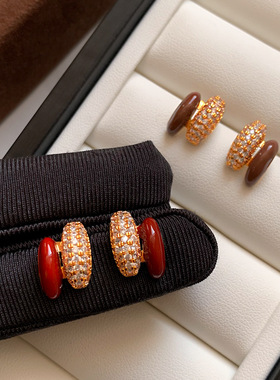 925纯银复古新年红色珐琅金色耳钉女秋冬高级感轻奢气质耳饰耳环