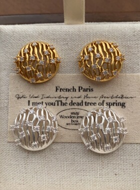 复古镂空圆牌耳钉耳环不规则线条锆石高级感轻奢气质独特日常耳饰