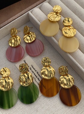 甜酷褶皱彩纹醋酸圆片耳钉耳环树脂高级感艺术小众设计轻奢耳环女