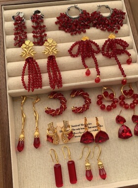 红色水晶水钻流苏耳环耳坠优雅轻奢精致喜庆时尚节日氛围过年耳饰