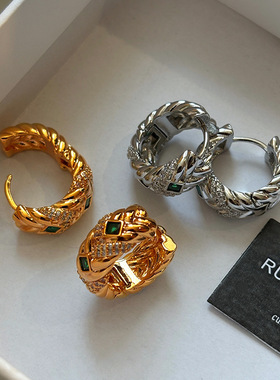 小香风金属银色菱格纹绿色锆石钻石耳环圈圈女高级感轻奢耳扣耳饰