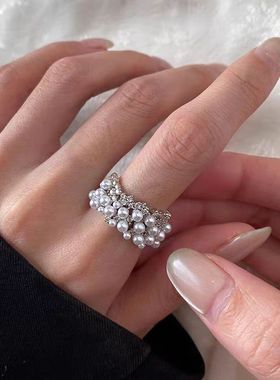 S家珍珠金属银色显手白锆石开口戒指女小众设计轻奢高级感食指戒