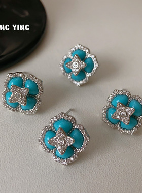 法式轻奢蓝色花朵微镶锆石耳钉女小众高级感气质通勤百搭耳环耳饰