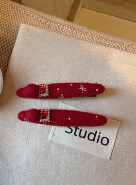 新年红色发饰方钻蝴蝶结刘海夹鸭嘴夹韩系秋冬新款毛线球球侧边夹