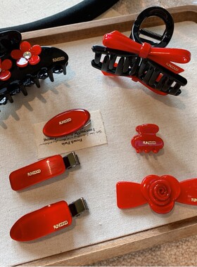 韩国红色百搭蝴蝶结发夹可爱小花发抓夹简约气质侧边夹高级感发饰