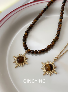 天然虎眼石手工串珠项链ins小众复古叠戴气质高级感百搭锁骨链女