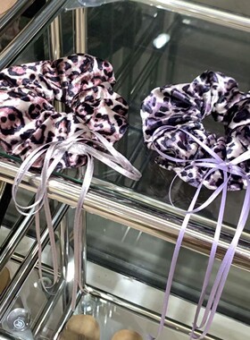 韩版进口布艺粉紫色豹纹金丝绒大肠发圈高级感蝴蝶结飘带头绳发绳