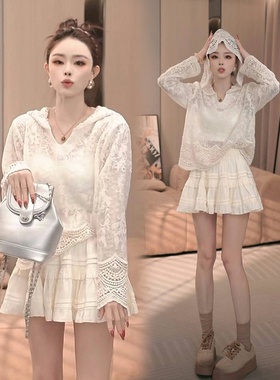 连帽蕾丝上衣裙子网红洋气炸街女装衣服早春穿搭一整套装小众韩系