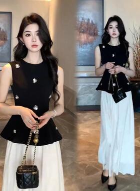 背心上衣长裙网红洋气炸街女装早春穿搭一整套小香风韩系衣服套装