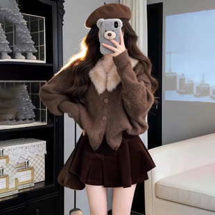 入冬漂亮衣服冬季 半身裙套装 炸街 女装 小香风气质毛领软糯针织开衫