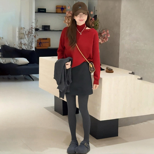 小众炸街高级感女装 穿搭一整套装 毛衣半身裙秋冬季 露肩高领针织衫