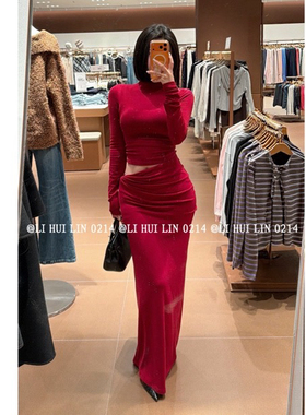 HUILIN/半高领薄绒镂空纽结上衣+纽结包臀半身裙套装