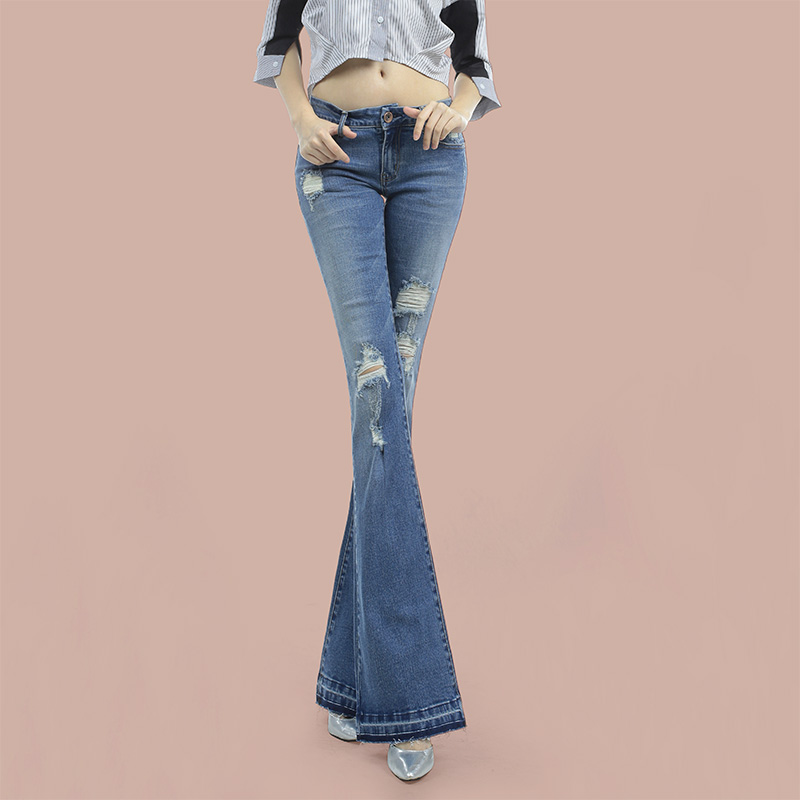 微喇裤2021秋季膝盖破洞牛仔裤女