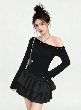 气质辣妹穿搭黑色秋季长袖连衣裙超显身材修身收腰斜肩小个子短裙