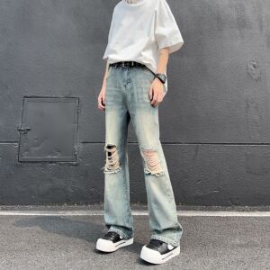 A417A NK379 P55破洞牛仔裤男夏季薄款美式高街vibe裤子微喇裤图片