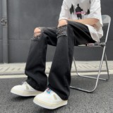 A417ANK378P55破洞牛仔裤男夏季薄款美式高街vibe裤子微喇裤，男装牛仔裤，电商A417A