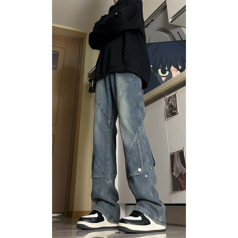 A417ANK1911P55秋季男士排扣设计宽松牛仔裤百搭拼接感裤子,男装休闲裤,电商A417A