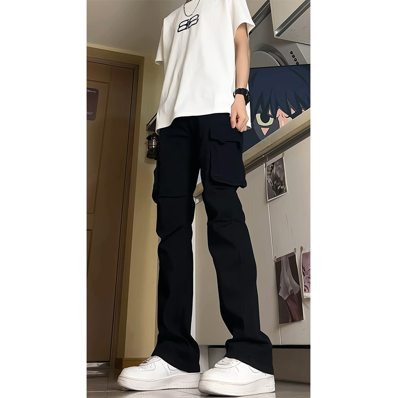 A417ANK3003P50春季新款黑色弹力工装休闲裤百搭微喇裤子,男装休闲裤,电商A417A