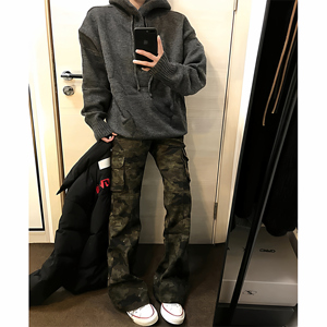 美式复古迷彩牛仔裤男款秋季潮牌vibe工装微喇裤子修身显瘦直筒裤
